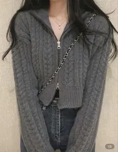 グレー ケーブル編み ジッパーカーディガン　Lサイズ
