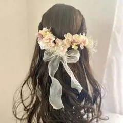 アートフラワーの紫陽花とワイヤー入りリボンの髪飾り　ニュアンスピンク　色変更可能