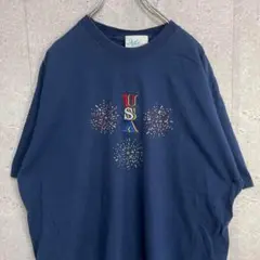 USA 刺繍　スパンコール　ネイビー　ビックサイズTシャツ　XL