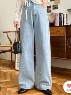 ラインストーン デニムパンツ　ライトブルーM