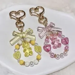 【4】黄×桃 リボンビーズキーホルダー 2つセット