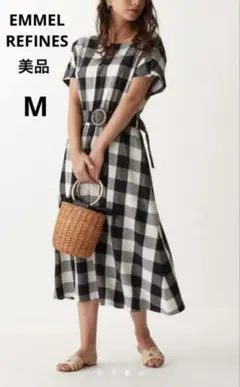美品　エメル リファインズ　リネン混　麻 ギンガムチェック ワンピース　M