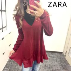 ZARA ザラ 薄手ニット　アシンメトリーチュニック 体系カバーカットソー 赤