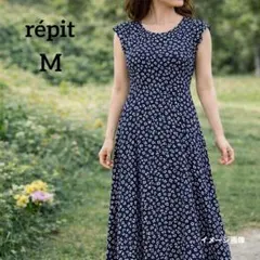 【レピ】千趣会　綿100%　日本製　花柄フレアワンピース　M　ネイビー　紺