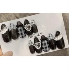 ネイルチップ チェック リボン ハート ガーリー 韓国 量産型 地雷系