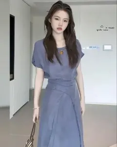 レディース韓国風シンプルロングワンピース 夏用 半袖 ゆったりデートコーデ