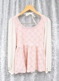 allamanda アラマンダ ピンク 花レース ペプラム トップス Mサイズ