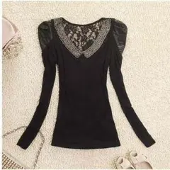 新品送料無料♪ Vネックレース×チュール長袖Tシャツ(00098)