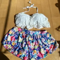 【XL】セパレート水着セット レースブラ フラワー柄　キュロット