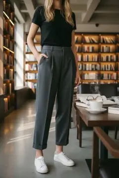 ZARA グレー プリーツスラックス ウエストゴム