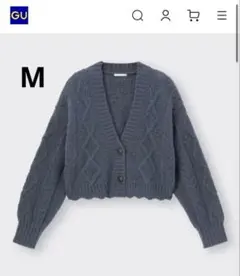 【GU】ジーユー　レーシークロップドケーブルニットカーディガン　ダークグレーM