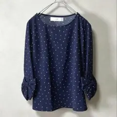 tocco closetトッコクローゼット　袖リボン　ドットブラウス　ネイビー