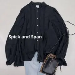 スピックアンドスパン　ドビーブラウス ピンタック　カットドビー　フリルカラー　黒