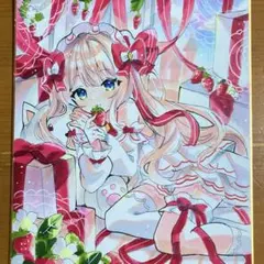 オリジナル　手描きイラスト　アナログ　苺　猫　中色紙