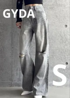 未使用　GYDA【TINY】ハイウエストKNEEダメージワイドデニムパンツ S