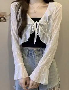 【新品未使用】フリル付き シフォン シアーカーディガン