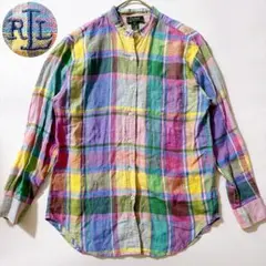 リネン100✨ローレンラルフローレン マドラスチェックバンドカラーシャツ L相当