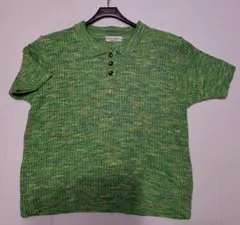 美品質！ニット　リブ編み グリーン系マルチカラー 半袖ポロシャツ　Lサイズ