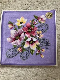 花柄刺繍タオルハンカチ 紫色