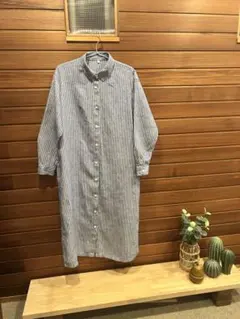 MUJI リネン 100% ストライプ柄長袖シャツワンピース　Sサイズ
