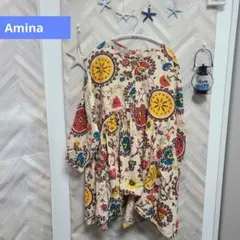 Amina チュニック 総柄 ベージュ カラフル インディア オーバーサイズ