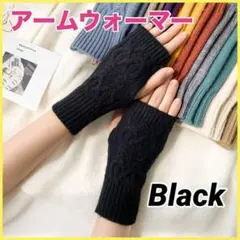 アームウォーマー 手袋 ニット フィンガーレス 編み込み 冷え防止 ブラック
