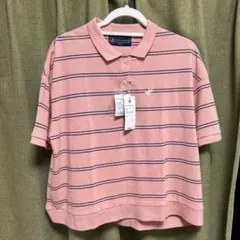 新品:ストライプ柄poloシャツ Mサイズ ピンク