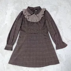 バブルス　ブラウン チェック柄 フリル襟 ワンピース　りぼん　レース　プリーツ