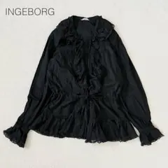 インゲボルグ　ブラウス　ピンタック 袖フリル　ピコフリル　リボン　黒 美品】インゲボルグ INGEBORG フリルブラウス 黒 ピンタック リボン