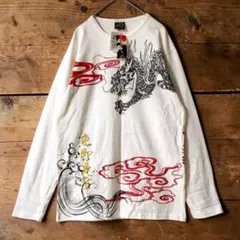 新品タグ付き❤️DBLD 龍 雲 波 和柄 ロングTシャツ ゴールドロゴ 白金赤のサムネイル