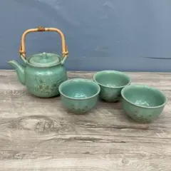D-4 宮城野 銘あり 貫入 翡翠色 茶器セット（急須・湯呑3客） 宮城野