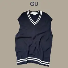 【GU ジーユー】L　紺　白　ニットベスト　ざっくりニット　カジュアルスタイル