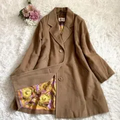 ヘルノ　コート　シルク　ウール　キャメル　ロング　Aライン 総柄