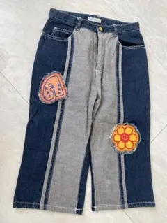 平成レトロ　エンジェルブルー　デニムハーフパンツ 花柄刺繍付き　160