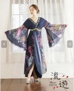 流遊 和柄ドレス L 青黒 ほつれありのサムネイル