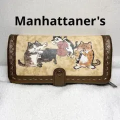 【美品】Manhattaner's猫イラスト 長財布 猫 財布 三つ折り