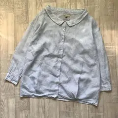 【Rinajour】フレンチリネン100% 水色 ストライプ 長袖シャツ F