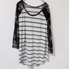 24/7 【Ｍ】ストライプ フラワー柄 七分袖Tシャツ