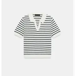 ZARA ストライプ半袖ニットポロシャツ Sサイズのサムネイル