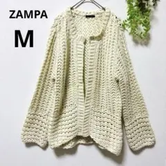 ZAMPAザンパ◆ニットカーディガン　オープンフロント　アイボリー　M メッシュ