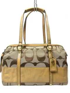 COACH シグネチャー ミニ ボストン サッチェル　ベージュキャンバス　肩掛け