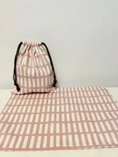 格子柄のランチョンマット&給食袋　ピンク