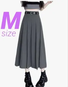 ベルト付✨ ロング プリーツスカート グレー M Aライン ハイウエスト 美脚