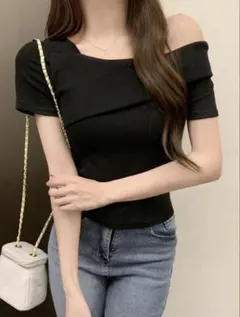 SHEIN オフショルダー 半袖 Tシャツ ブラックのサムネイル