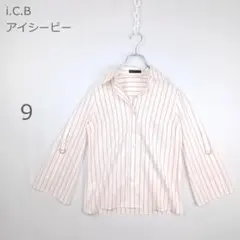 【アイシービー】ストライプシャツ フレアスリーブ きれいめ ホワイト×ピンク 9のサムネイル