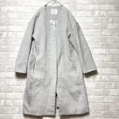 ベイフロー ロングコート M グレー ノーカラー ウール混 Vネック シンプル