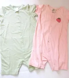 (O-9)H&M 2枚セット ロンパース 無地 ワンポイント グリーン ピンク