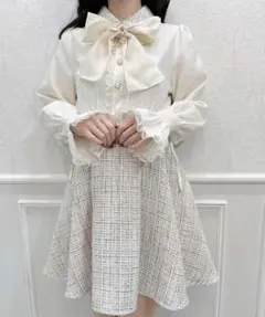 ROJITA ボウタイリボンツイードドッキングワンピース（ベージュ）