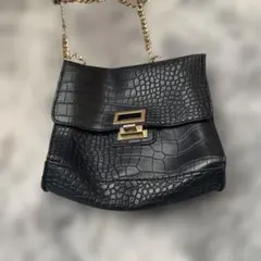 クロコダイル風ブラックショルダーバッグ