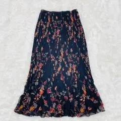 リブラン　ブラック系花柄　プリーツロングスカート　【9号】　裏地付き